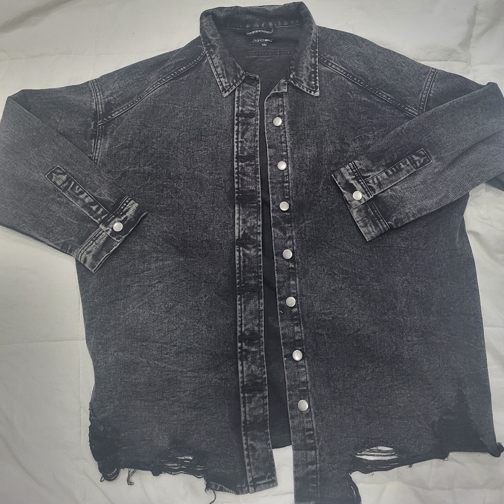 Fashion Nova Distressed Oversized Washed Black Denim Jacket